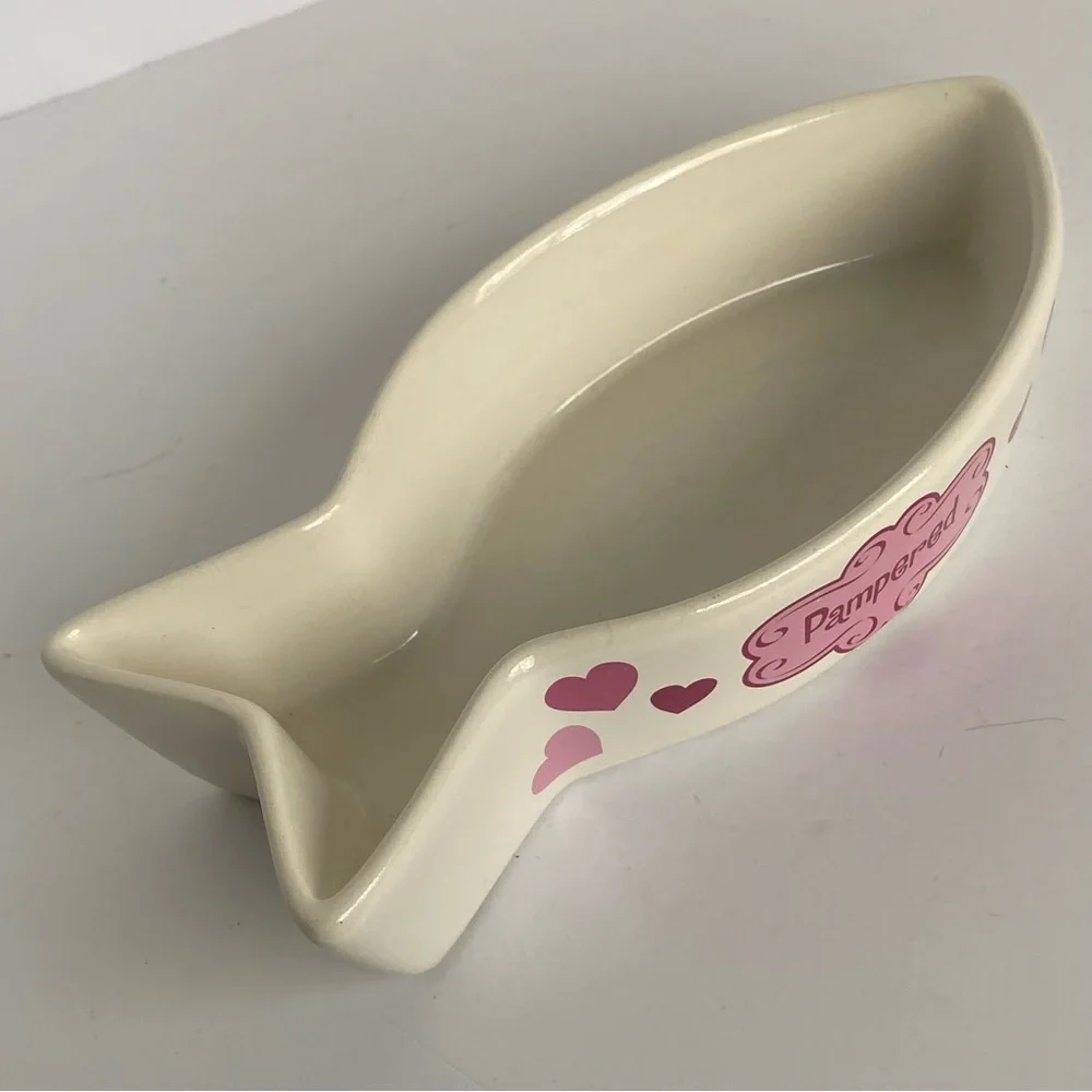 Cat Bowl Fish Shaped Ceramic “Pampered” White Pink. 8” Long Water Food Kitty
